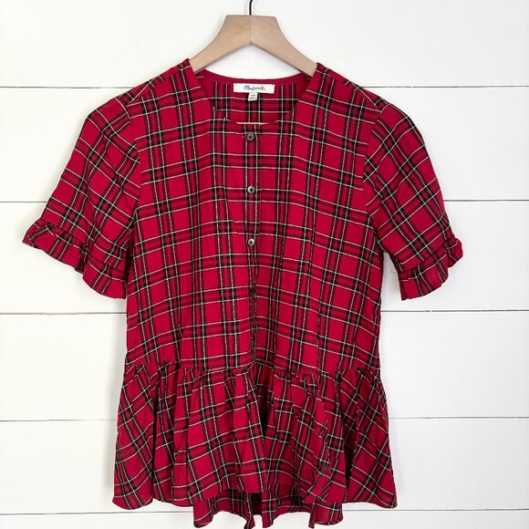 Madewell NWOT red plaid short sleeve button down 3/4 down with ruffle bottom - Picture 1 of 5